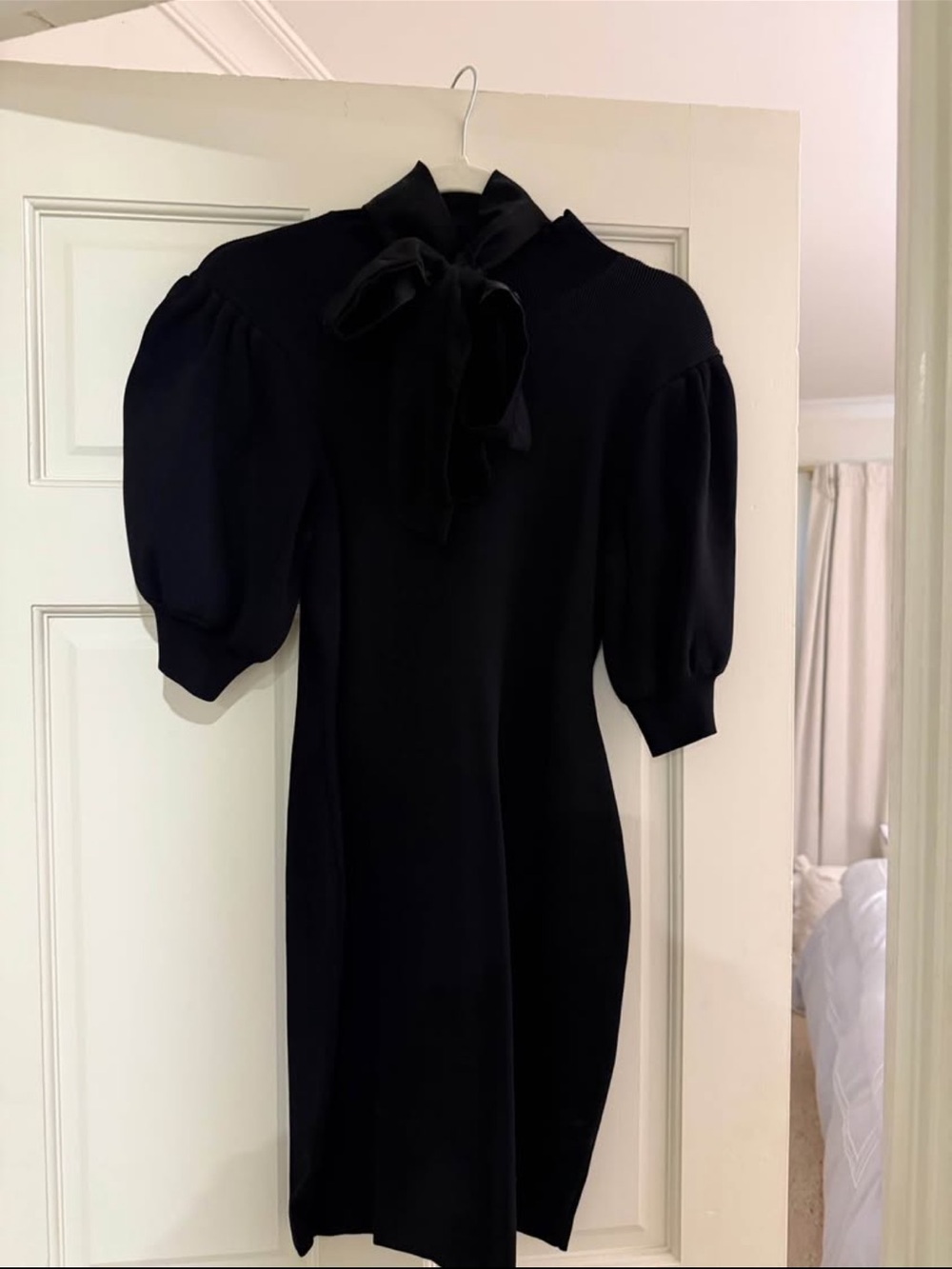 Endless Rose Black Puff-Sleeve Tie-Neck Mini Dress